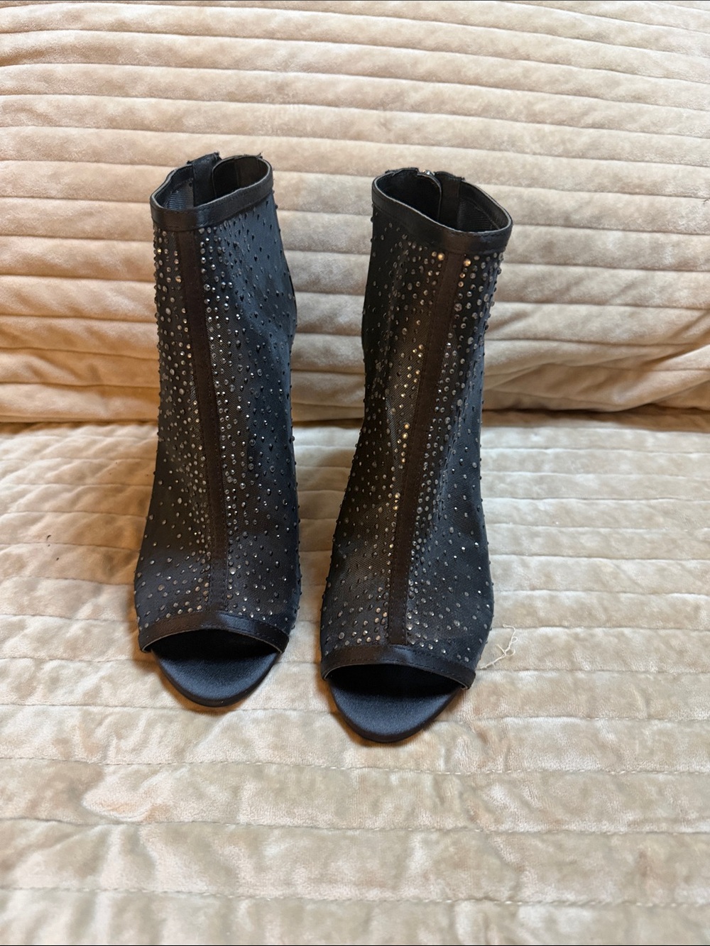 Jewel Badgley Mischka Black Open-Toe Studded Ankle Booties